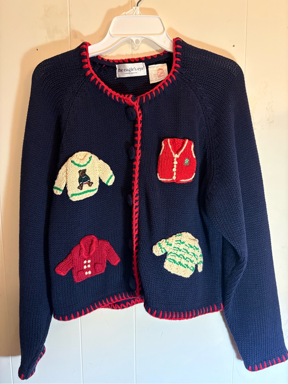 VTG 1994 The Eagle's Eye Cardigan M Navy Blue 3D Novelty Sweater On Sweater